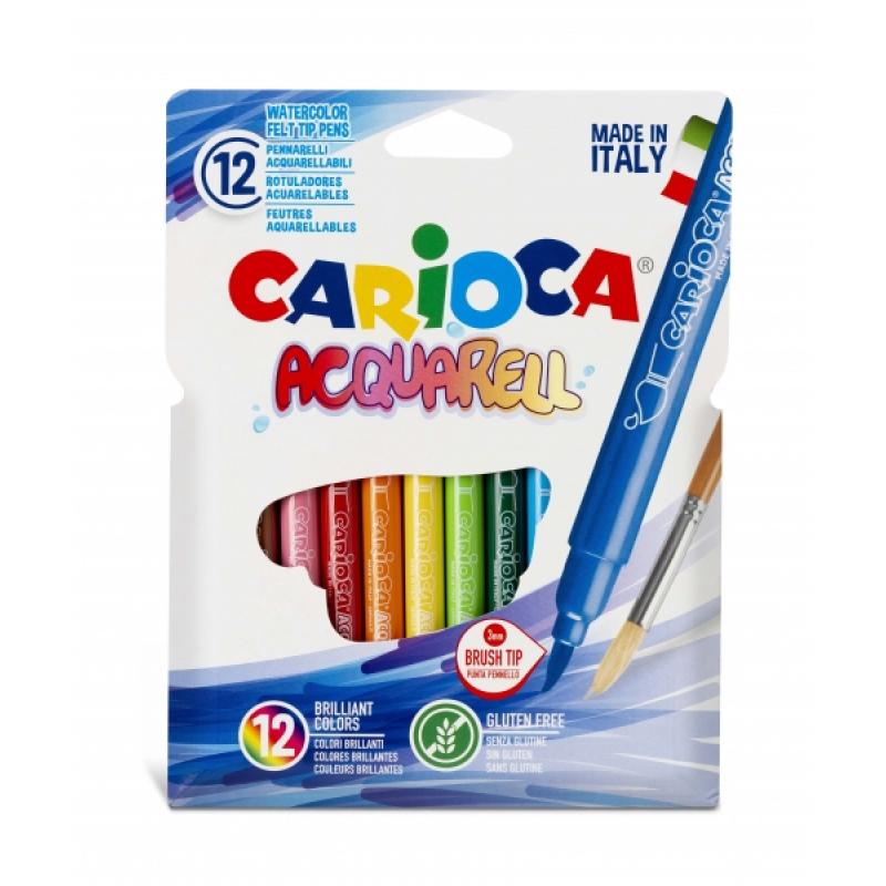 Carioca Acquarell Pack de 12 Rotuladores Acuarelables - Punta Pincel Bloqueada - Tinta Lavable - Colores Difuminables con Agua y