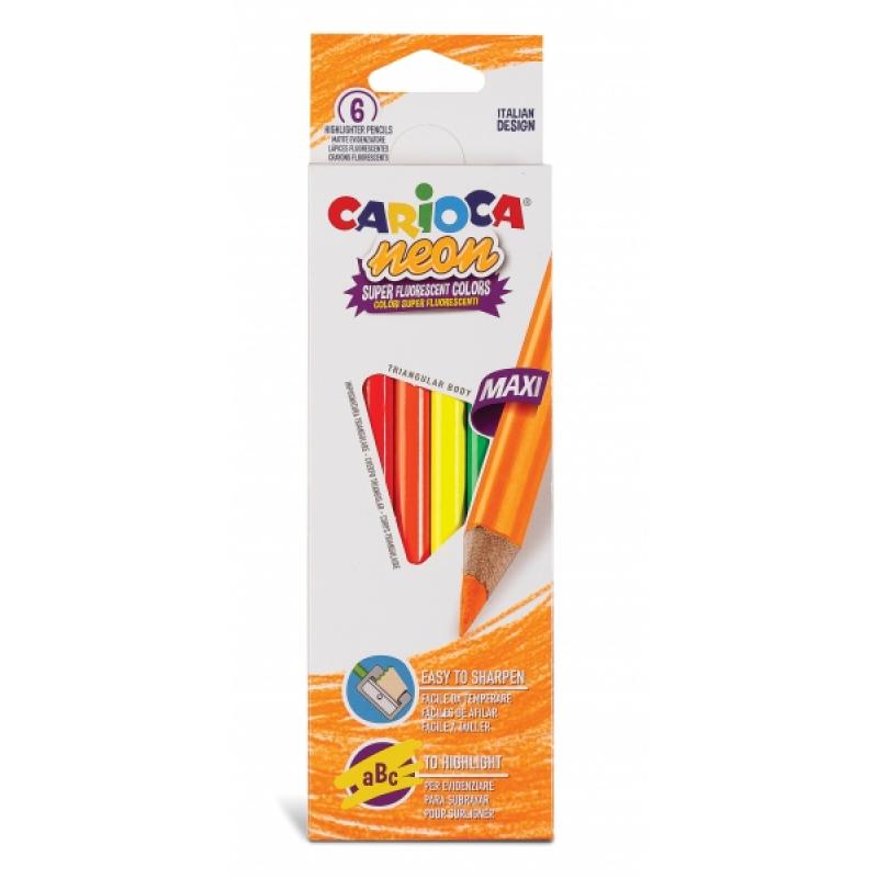 Carioca Pack de 6 Lapices Triangulares Maxi Neon - Colores Fluorescentes - Escritura Blanda - Aptos para Subrayar y Resaltar - F