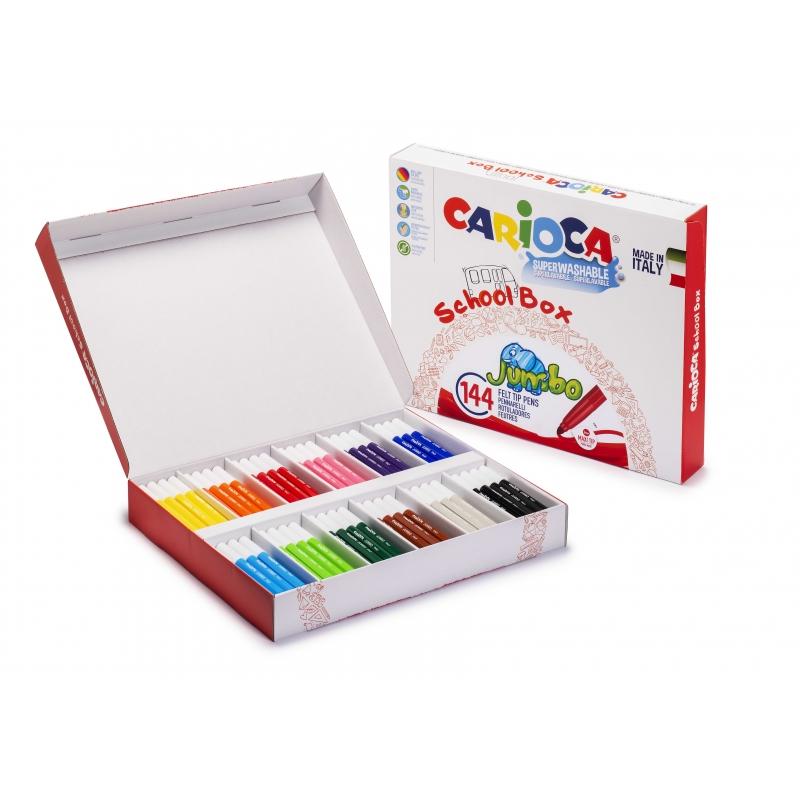 Carioca Jumbo School Box Pack de 144 Rotuladores - Cuerpo Octogonal Maxi - Tinta Superlavable - Punta Maxi 6mm Bloqueada - Tapa 