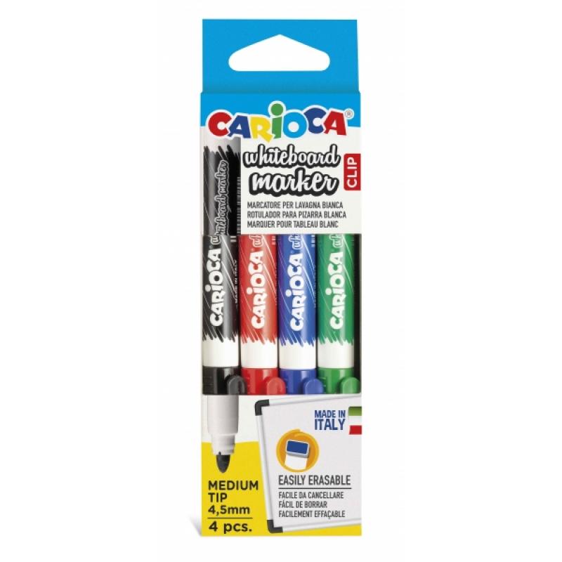 Carioca Whiteboard Clip Pack de 4 Rotuladores Borrables para Pizarras Blancas - Punta Media - Punta de Ø 4.5mm - Tapa con Clip -