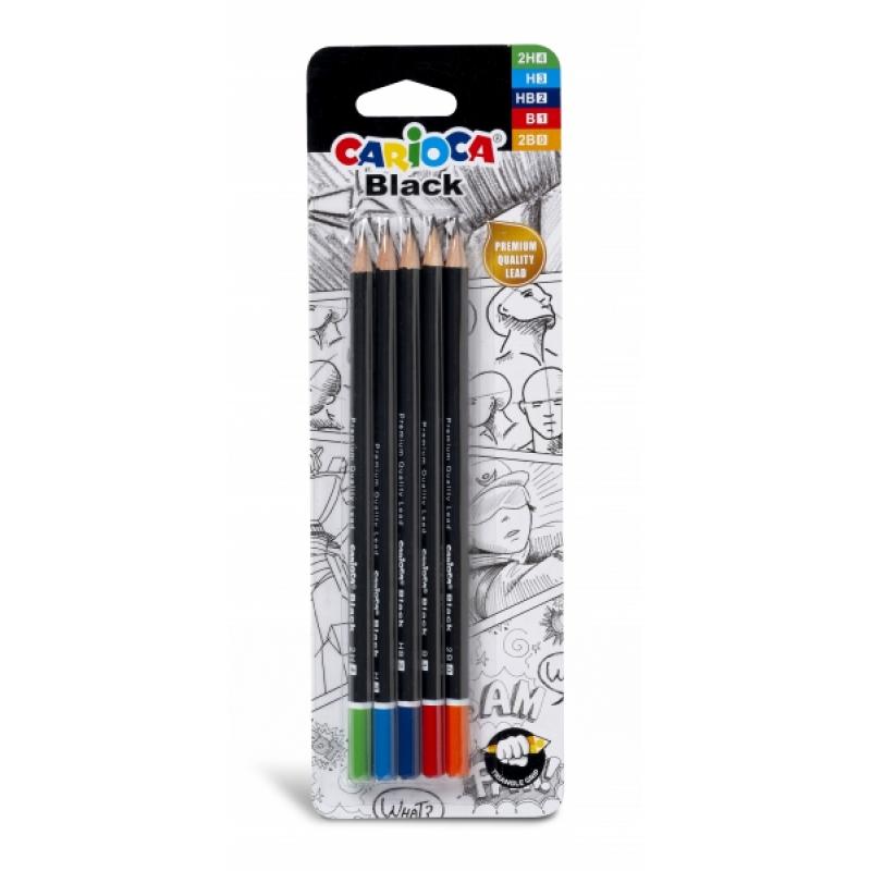 Carioca Black Pack de 5 Lapices de Grafito - Faciles de Borrar y Sacar Punta - Cuerpo Triangular Agradable al Tacto - Mina Resis