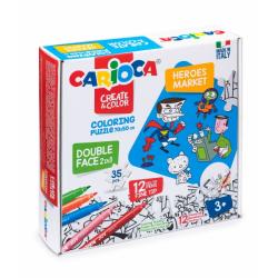 Carioca Coloring Puzzle Super Heroes & Market Pack de 35 Piezas a Doble Cara para Colorear - Incluye 12 Rotuladores Superlavable