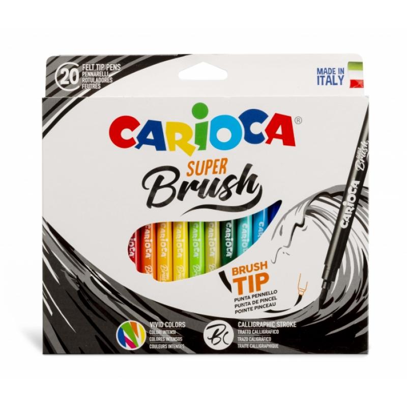 Carioca Super Brush Pack de 20 Rotuladores - Punta Pincel Suave y Flexible - Tinta Lavable - Colores Super Brillantes - Perfecto