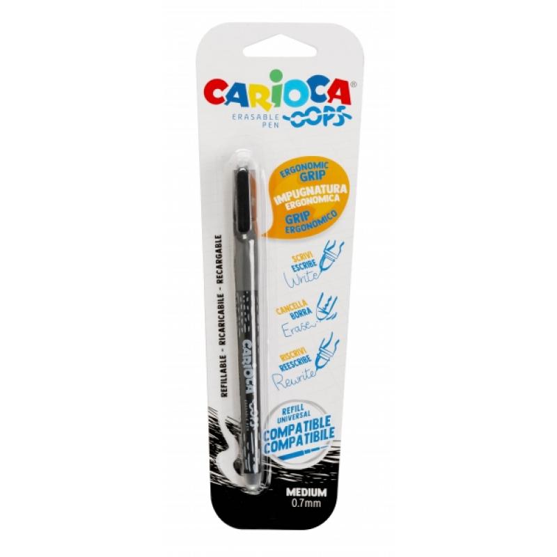 Carioca Oops Blister Boligrafo Borrable - Tinta Negra Termosensible - Empuñadura Ergonomica Triangular - Punta de Ø 0.7mm - Dobl