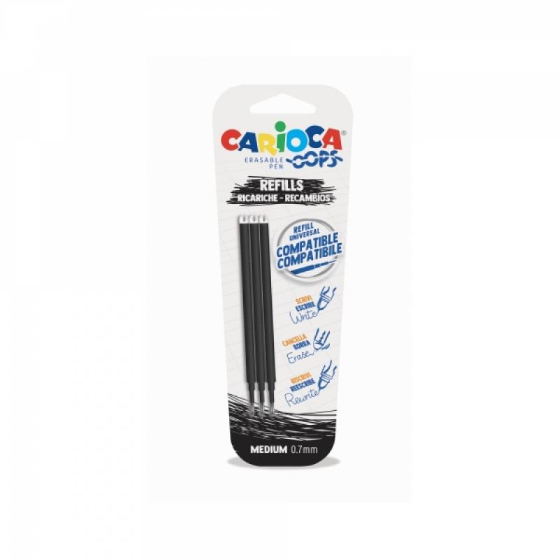 Carioca Oops Pack de 3 Recambios para Boligrafo Borrable - Tinta Termo Sensible - Punta de 0.7mm - Compatibles con Boligrafo Oop