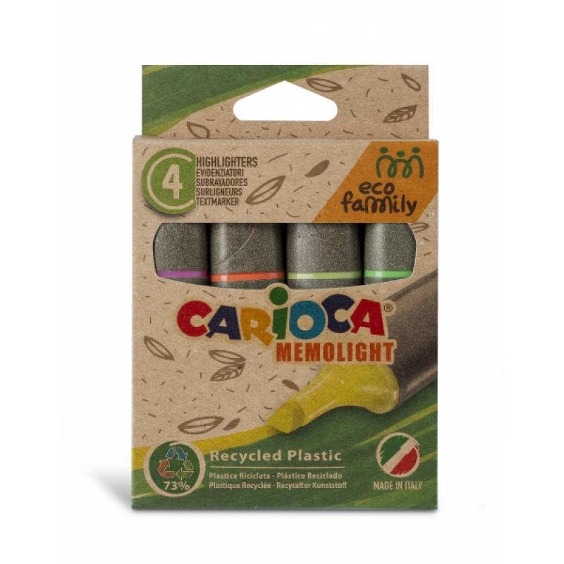 Carioca Eco Family Pack de 4 Subrayadores - Colores Brillantes - Tinta a Base de Agua - Punta Biselada de 5mm - Color Varios