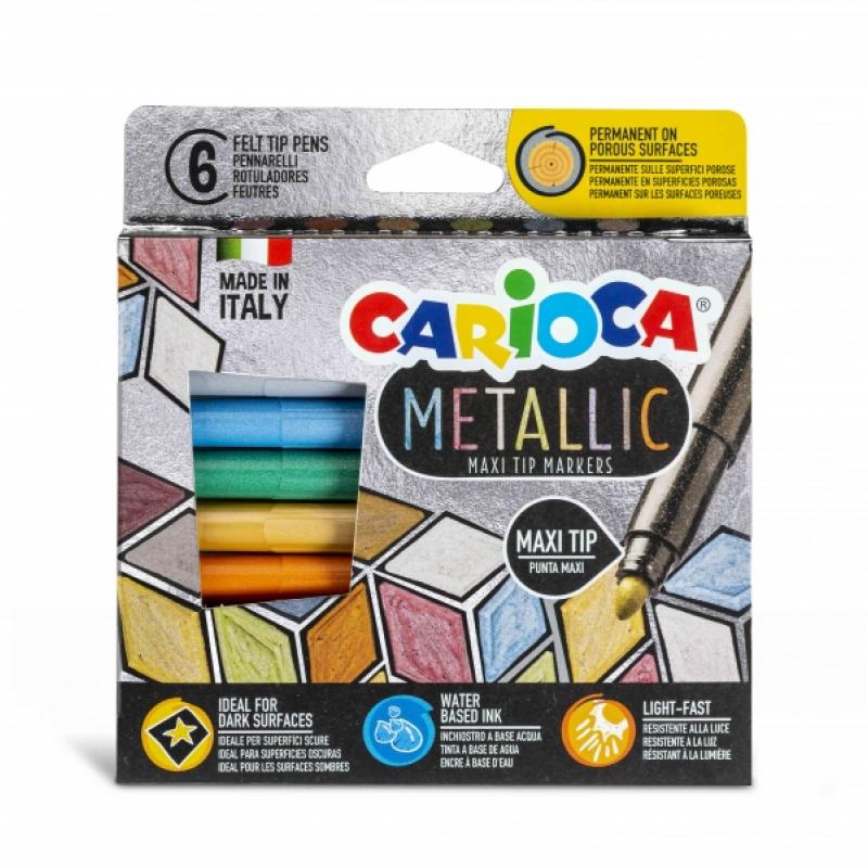 Carioca Metallic Maxi Pack de 6 Rotuladores - Punta Maxi Ø 6mm - Ideales para Superficies Oscuras - Colores Permanentes en Super