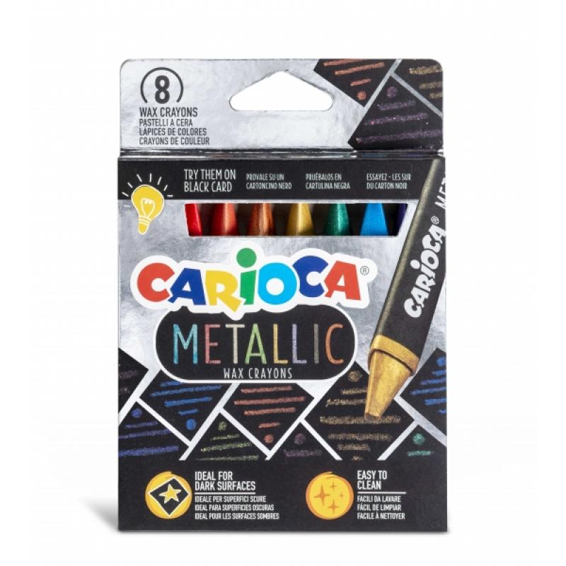 Carioca Metallic Pack de 8 Ceras Metalicas - Cuerpo Maxi Triangular - Colores Cubrientes para Superficies Oscuras - Faciles de L