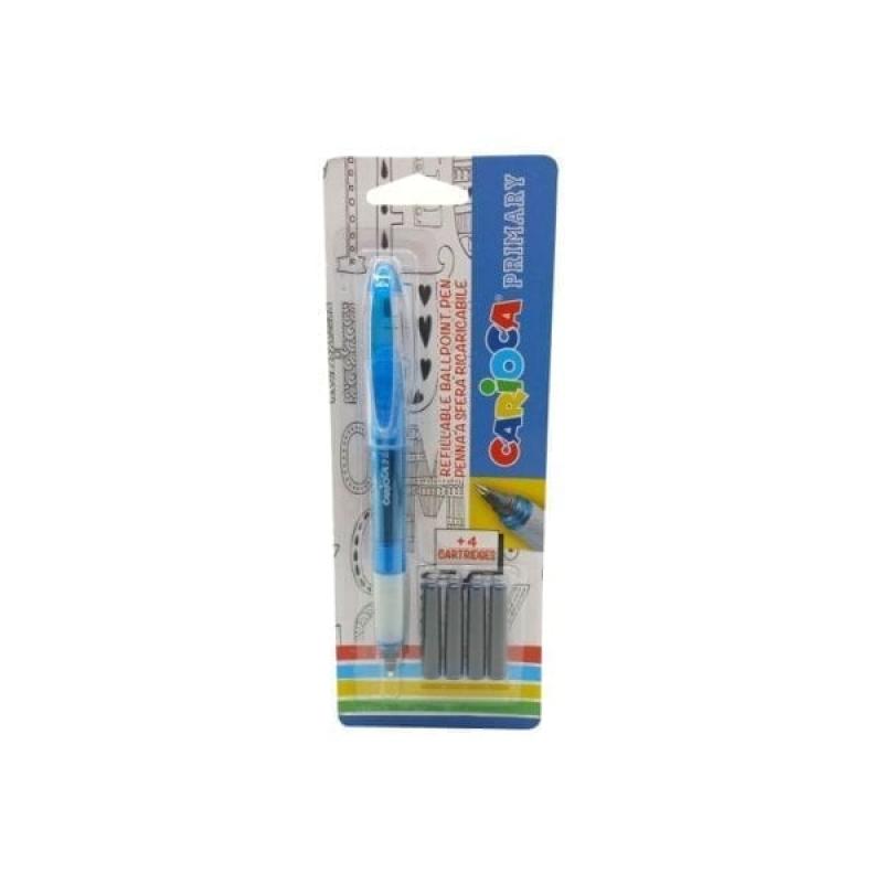 Carioca Primary Pack de 1 Boligrafo Recargable + 4 Cartuchos - Punta Roller de Acero Inoxidable - Dosificador de Flujo Constante