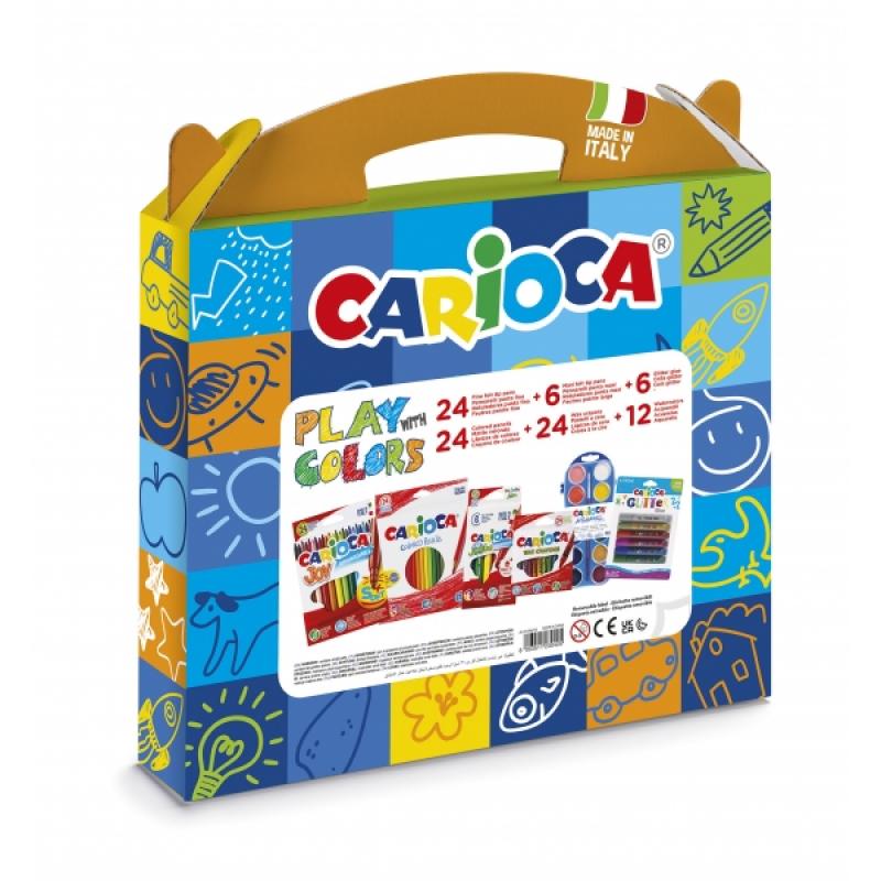 Carioca Play + Colors Pack Maletin de Plastico - 18 Lapices de Colores - 12 Acuarelas - 6 Rotuladores Jumbo Punta Maxi - 4 Rotul