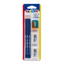 Carioca Pack de 3 Lapices de Grafito HB + 2 Gomas y Sacapunta - Facil de Borrar y Sacar Punta - Cuerpo Triangular Agradable al T