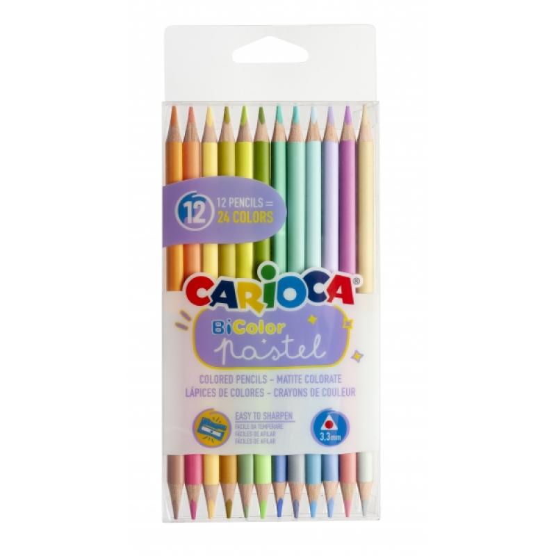 Carioca Bi-Color Pack de 12 Lapices - 24 Colores Pastel - Cuerpo Triangular - Colores Brillantes y Lavables - Escritura Blanda -