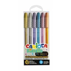 Carioca Fiorella Pack de 6 Boligrafos de Colores Metallic - Boligrafo con Punta de Esfera y Cuerpo Transparente Fluo - Escritura