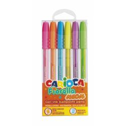 Carioca Fiorella Pack de 6 Boligrafos de Colores Neon - Boligrafo con Punta de Esfera y Cuerpo Transparente Fluo - Escritura Bri