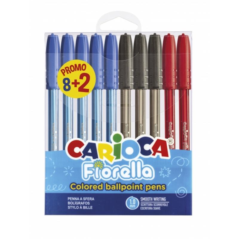 Carioca Fiorella Pack de 10 Boligrafos de Colores - Punta de Esfera - Cuerpo Transparente Fluo - Escritura Brillante y Colorida 