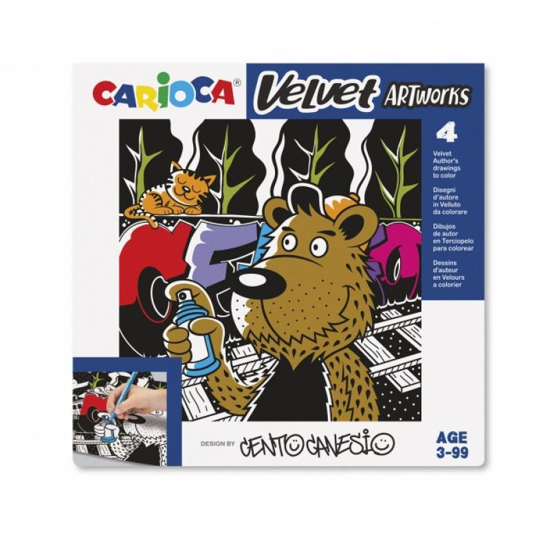 Carioca Velvet Centograffiti Pack de 4 Ilustraciones de Terciopelo para Colorear - Suave Textura - Desarrolla Destreza y Creativ