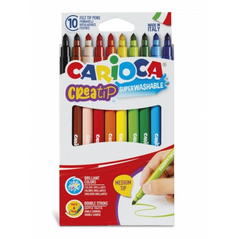 Carioca Creatip Pack de 10 Rotuladores - Tinta Superlavable - Punta Media con Doble Carrera - Punta Bloqueada y con Tapa Ventila