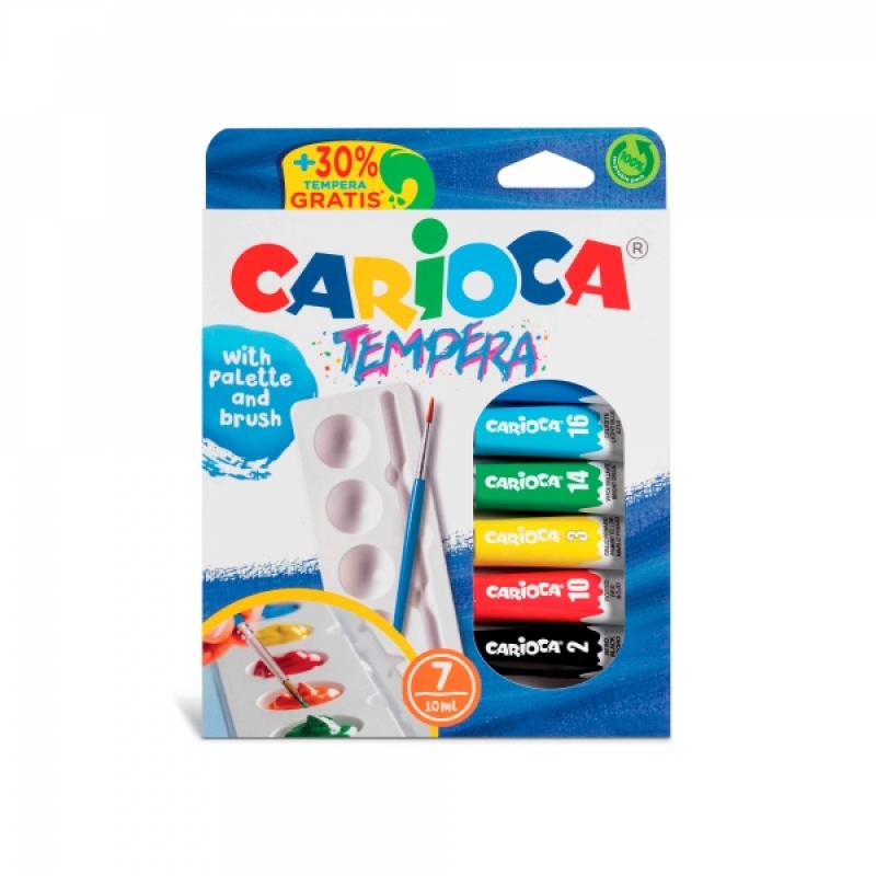 Carioca Pack de 7 Tubitos de Tempera - Incluye Pincel y Paleta - Colores Superlavables - Alto Poder Cubriente - para Materiales 