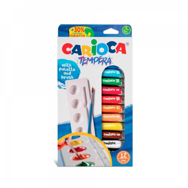 Carioca Pack de 12 Tubitos de Tempera - Incluye Pincel y Paleta - Colores Superlavables - Alto Poder Cubriente - Aplicable en Ma