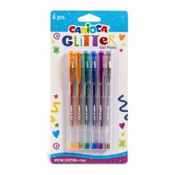 Carioca Glitter Gel Pack de 6 Boligrafos - Punta Ø 1mm - Tinta Gel Glitter - para Superficies Oscuras - Escritura Brillante y Co