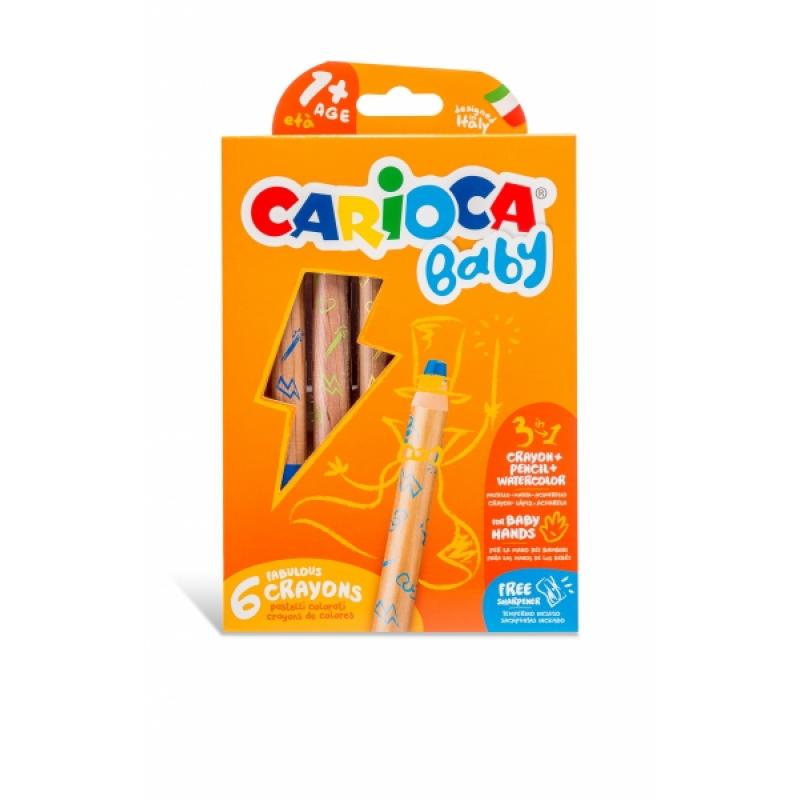 Carioca Baby 1+ 3In1 Pack de 6 Lapices - Lapiz Cera y Acuarela en Uno - Cuerpo Extragrande - Acuarelables - Sacapuntas Incluido 