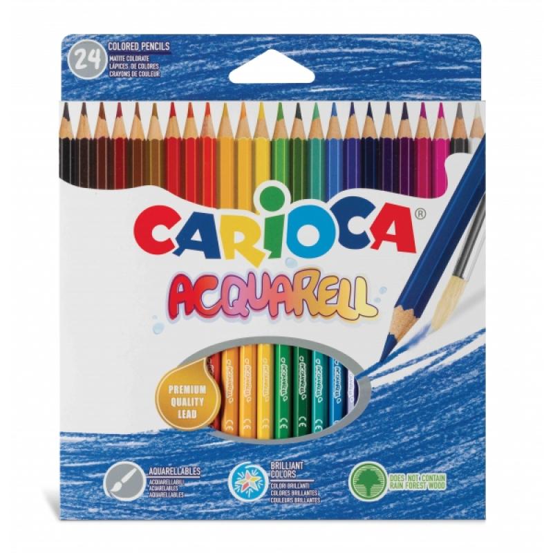 Carioca Acquarell Pack de 24 Lapices Acuarelables - Efecto Acuarela con Agua y Pincel - Colores Intensos - Escritura Suave - Min