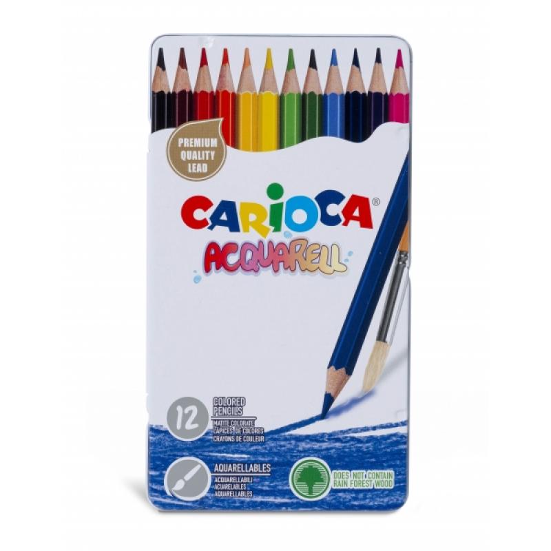 Carioca Acquarell Pack de 12 Lapices Acuarelables - Caja de Metal - Efecto Acuarela con Agua y Pincel - Colores Intensos y Brill