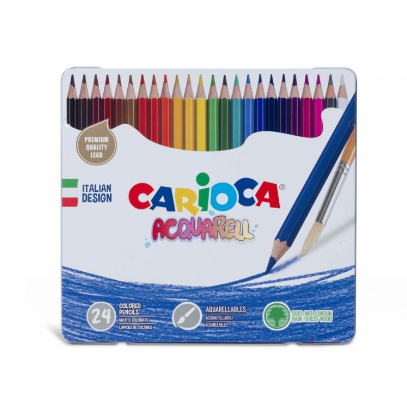 Carioca Acquarell Pack de 24 Lapices Acuarelables - Caja de Metal - Efecto Acuarela con Agua y Pincel - Colores Intensos y Brill