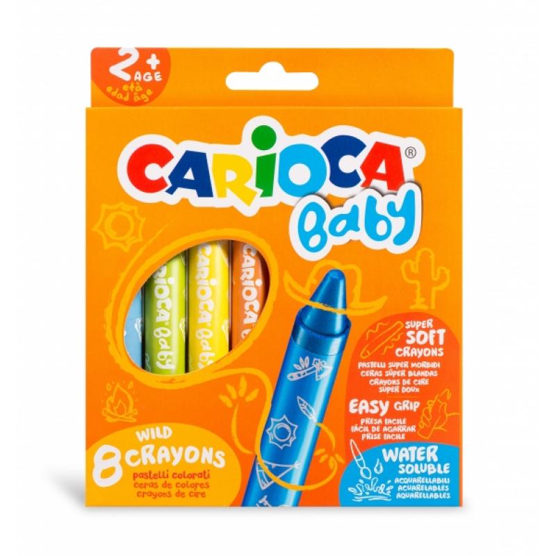 Carioca Pack de 8 Ceras Baby 2+ - Super Suaves - Gran Dimension para Facil Agarre - Escritura Suave - Colores Brillantes y Lavab