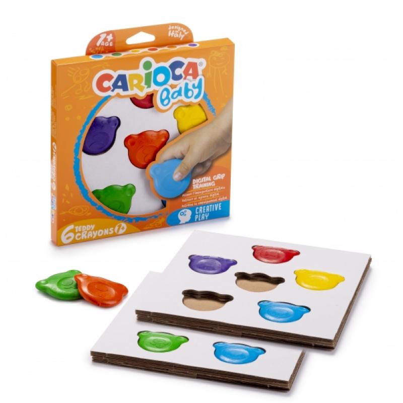 Carioca Teddy Crayons Pack de 6 Ceras de Colores - Certificadas a Partir de 12 Meses - Diseñadas para Entrenar el Agarre Digital