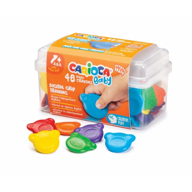 Carioca Baby Teddy Crayons Pack de 48 Ceras - Maletin de Plastico - Certificadas a Partir de 12 Meses - Diseñadas para Entrenar 