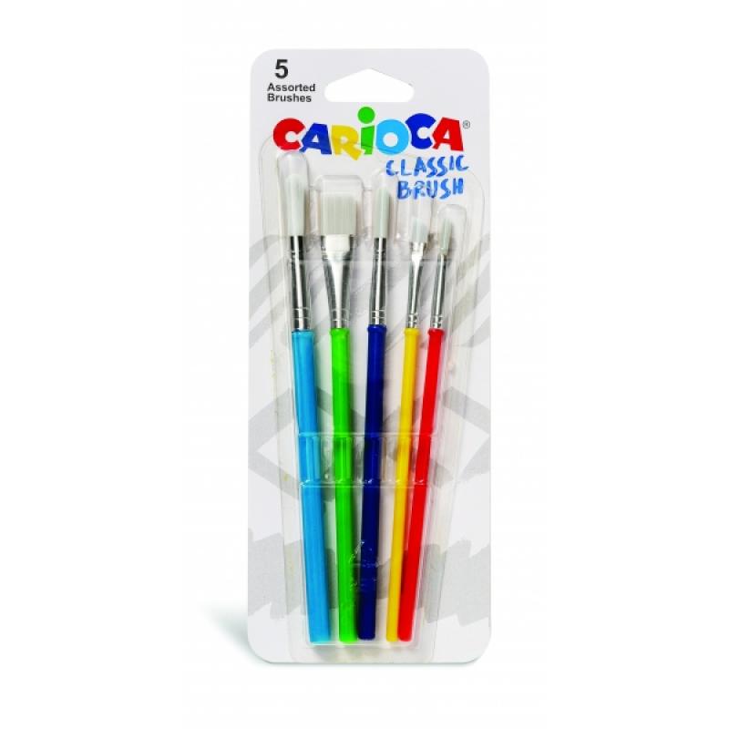 Carioca Pinceles Pack de 5 Pinceles - Nylon - Cerdas Suaves y Duraderas - Perfectos para el Cole - 5 Tamaños Diferentes - Color 