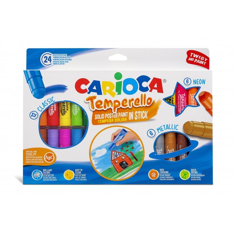 Carioca Temperello Pack de 24 Temperas Solidas - Colores Brillantes y Lavables - Gran Cobertura - Faciles de Mezclar - sin Disol