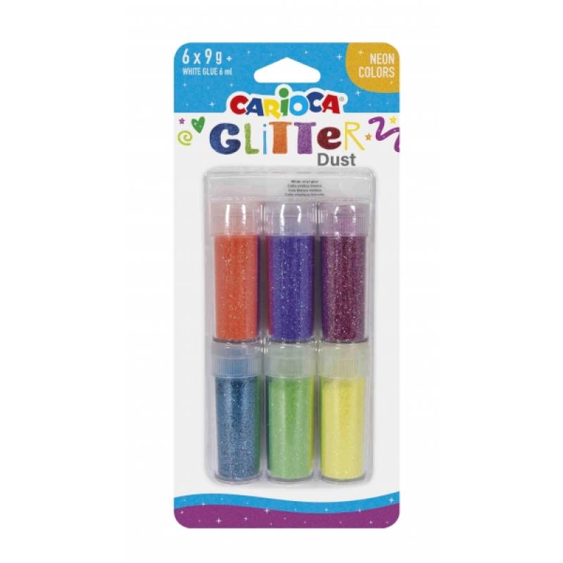 Carioca Glitter Dust Pack de 6 Colores - Cola Incluida - Ideal para Superficies Oscuras - Perfecta para Decoraciones y Trabajos 