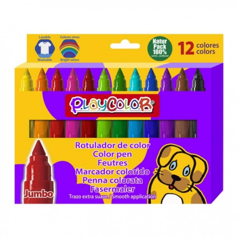 PlayColor Jumbo Basic Pack de 12 Rotuladores de Punta Gruesa Extrasuave - Fiable y Seguro - Punta Bloqueada - Capuchon Ventilado