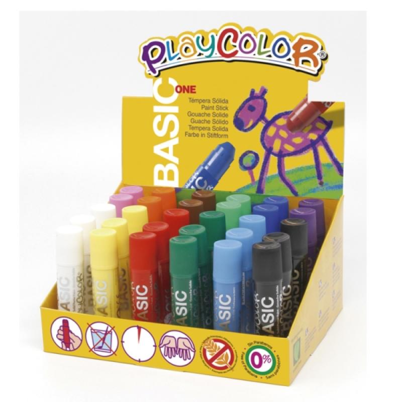 PlayColor Basic One Expositor de 30 Temperas Solidas - No Arrugan el Papel - No Necesitan Agua - Especial para Uso Escolar - Col