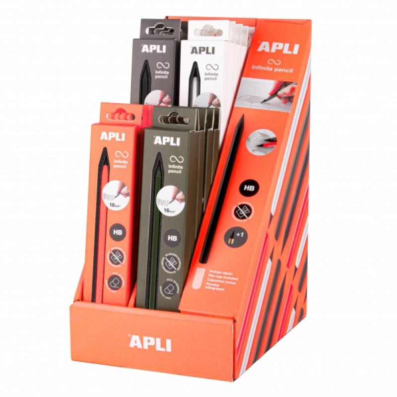 Apli Infinite Pencil Expositor con 20 Packs de Lapiz Infinito HB + Mina de Recambio + Tapon Protector - Para Escribir hasta 16km