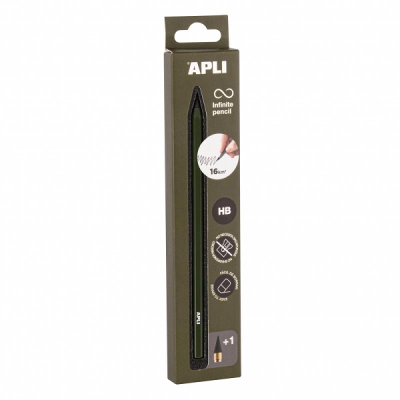 Apli Infinite Pencil Pack de Lapiz Infinito HB + Mina de Recambio + Tapon Protector - Para Escribir hasta 16km - Color Verde Osc