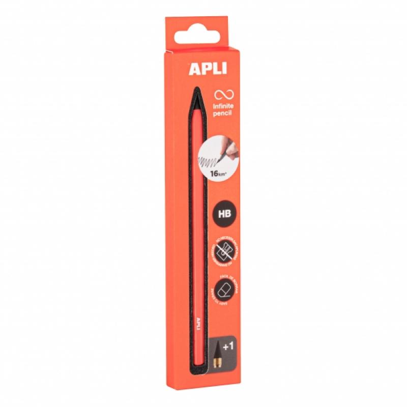 Apli Infinite Pencil Pack de Lapiz Infinito HB + Mina de Recambio + Tapon Protector - Para Escribir hasta 16km - Color Naranja F