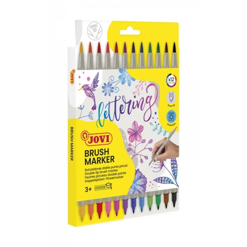 Jovi Felt Pens Estuche de 12 Rotuladores Doble Punta Pincel - Punta Fina y Flexible - Tinta Base Agua - Ideal para Lettering - C