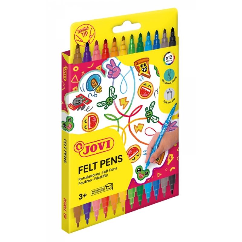 Jovi Felt Pen Extuche 12 Rotuladores de Doble Punta - Amplia Variedad de Tonos - Tinta de Gran Fijacion - Punta Fina y Maxi - Gr