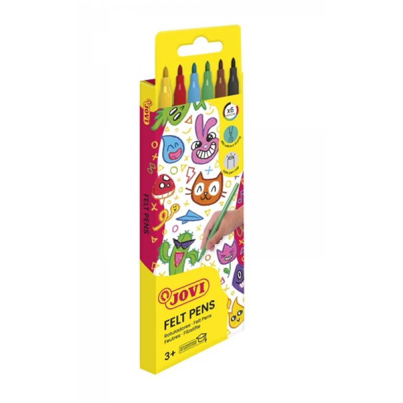 Jovi Felt Pens Estuche de 6 Rotuladores - Tinta de Gran Fijacion - Punta de 3mm - Capuchon de Seguridad Ventilado - Grip Triangu