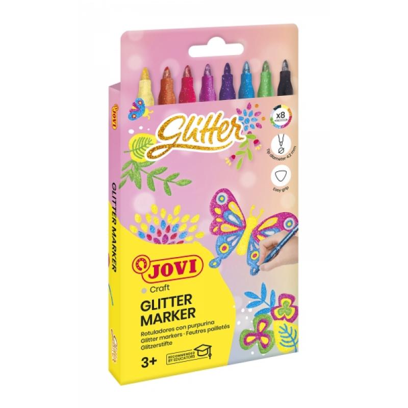 Jovi Glitter Marker Caja con 8 Rotuladores Efecto Purpurina - Tinta Base Agua - Grip Triangular Ergonomico - Punta Resistente - 