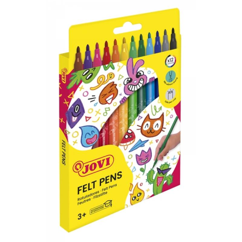 Jovi Felt Pens Estuche de 12 Rotuladores - Amplia Variedad de Tonos - Tinta de Gran Fijacion - Punta de 3mm - Capuchon de Seguri