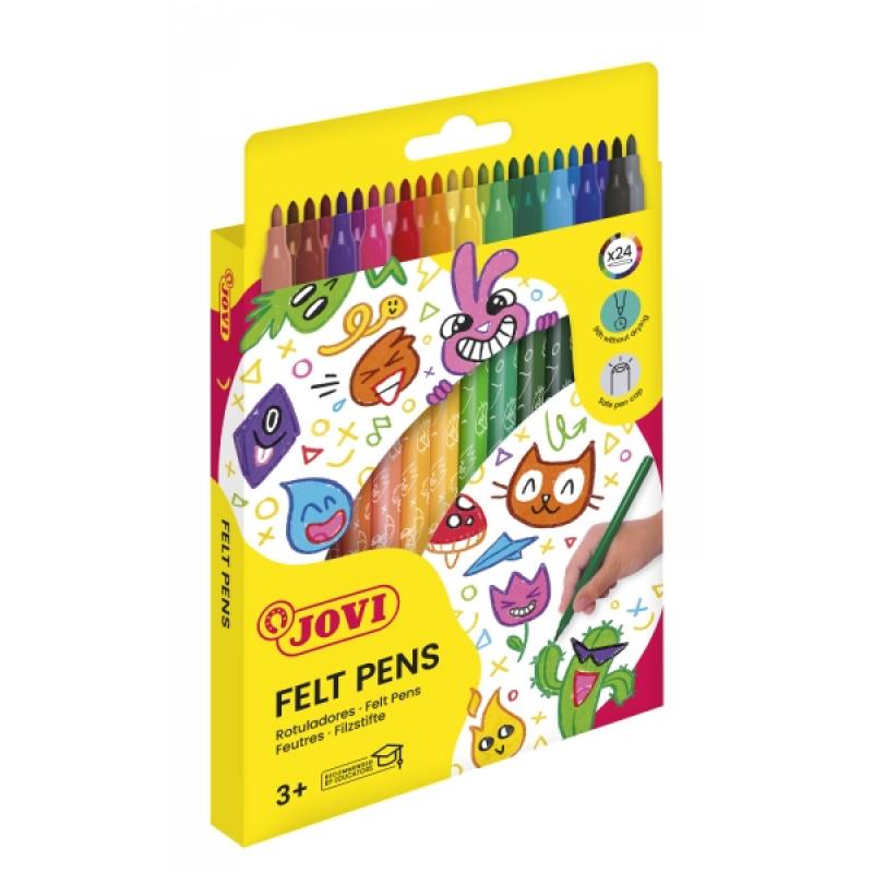 Jovi Felt Pens Estuche de 24 Rotuladores - Amplia Variedad de Tonos - Tinta de Gran Fijacion - Punta de 3mm - Capuchon de Seguri