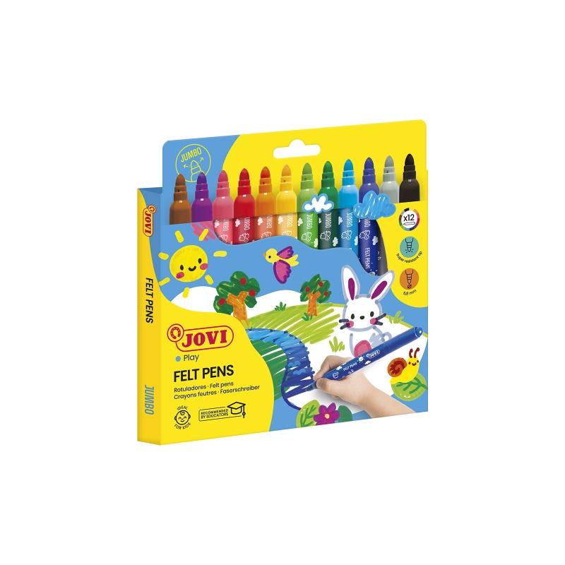 Jovi Felt Pens Estuche de 12 Rotuladores Jumbo - Tinta de Gran Fijacion - Punta de 3mm - Capuchon de Seguridad Ventilado - Grip 