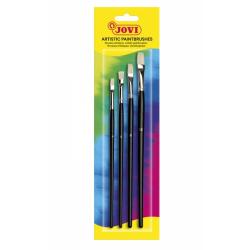 Jovi Artistic Paintbrushes Blister con 4 Pinceles Planos - Pelo Natural - Mango de Madera - Punta Plana - Pelo Duro - Color Negr