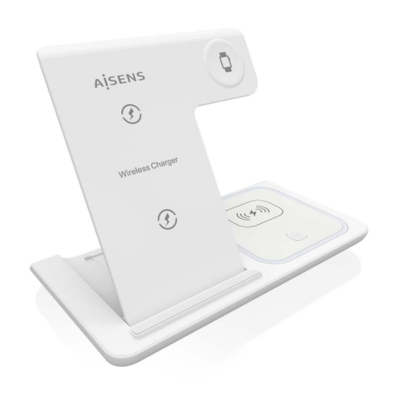 Aisens Cargador Inalambrico USB-C 3 en 1 de 15W para Movil - Apple Watch - Ariculares con Estuche de Carga - Color Blanco