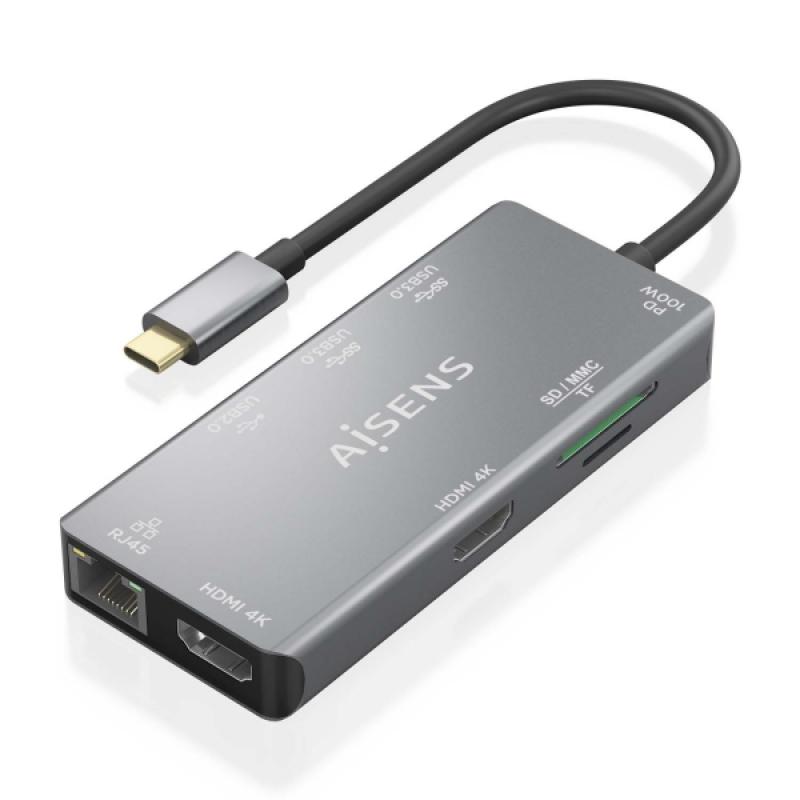 Aisens USB-C Dock 9 en 1 - USB-C a 2xHDMI - 1xRJ45 - 2xUSB-A USB3.0 - 1xUSB-A USB2.0 - 1xUSB-C PD - 1xSD - 1xMicro SD - 15cm - C