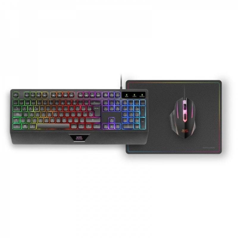 Mars Gaming MCP124 Combo Gaming 3en1 - Teclado H-Mech FRGB - Raton RGB Switches HUANO - Alfombrilla Nanotextil Rainbow - Compati